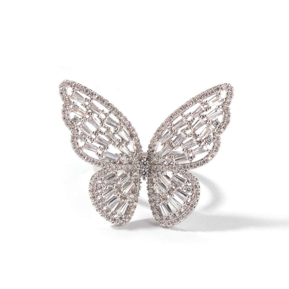 Adjustable Butterfly Ring with Pink Cubic Zirconia in Rose Gold Tone for Women and Men