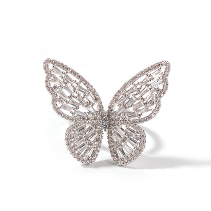 Adjustable Butterfly Ring with Pink Cubic Zirconia in Rose Gold Tone for Women and Men