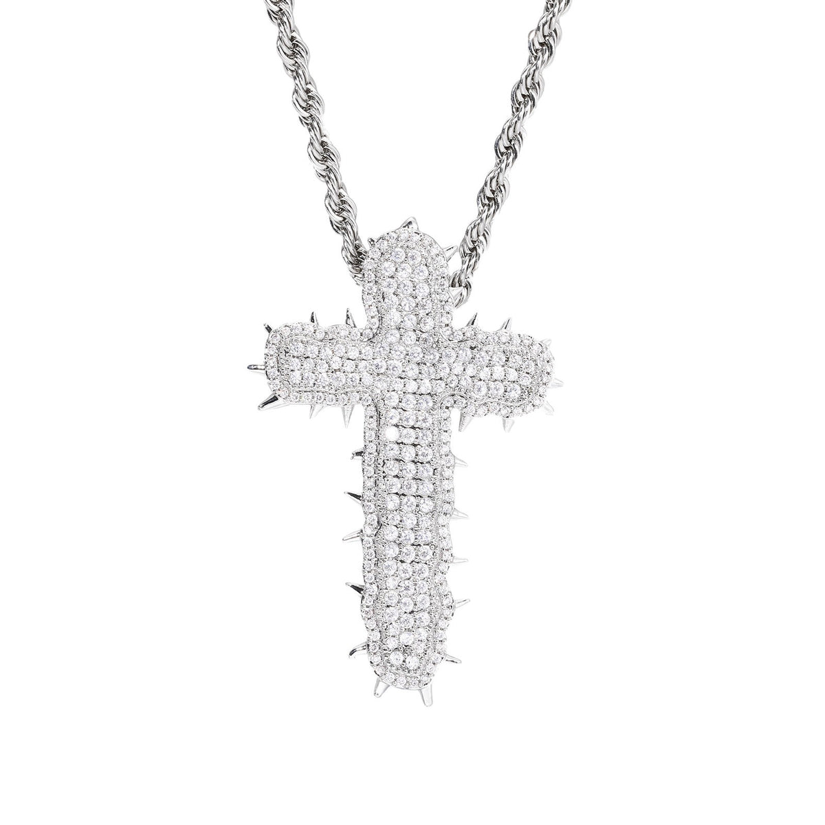 Iced Out Cross Pendant Necklace with Cubic Zirconia Rope Chain in Silvery or Gold Tone product image