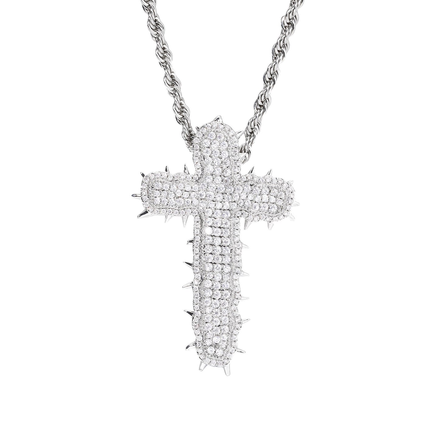 Iced Out Cross Pendant Necklace with Cubic Zirconia Rope Chain in Silvery or Gold Tone product image