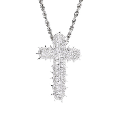 Iced Out Cross Pendant Necklace with Cubic Zirconia Rope Chain in Silvery or Gold Tone