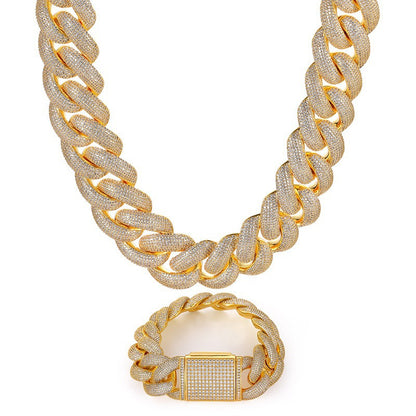 Iced Out Cuban Link Chain Necklace Bracelet Set for Men Women, Geometric Round Zircon Hip Hop Jewelry