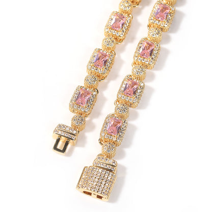 Unisex Iced Out Rectangle Cubic Zirconia Necklace – Gold or Silver Tone Pink/White Stone Chain, 16/18/20 Inch