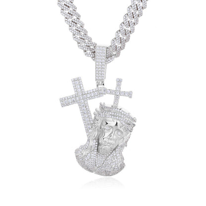 Hip Hop Cross Face Pendant Necklace, Micro-Set Copper Figure, 3MM Twist Chain