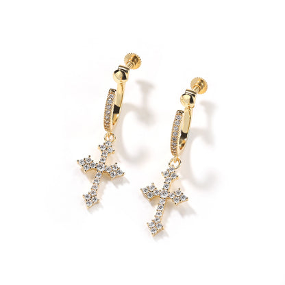 Men’s Cross Dangle Hoop Earrings with Cubic Zirconia – Gold Plated & Silver Plated Spiral Clip Style