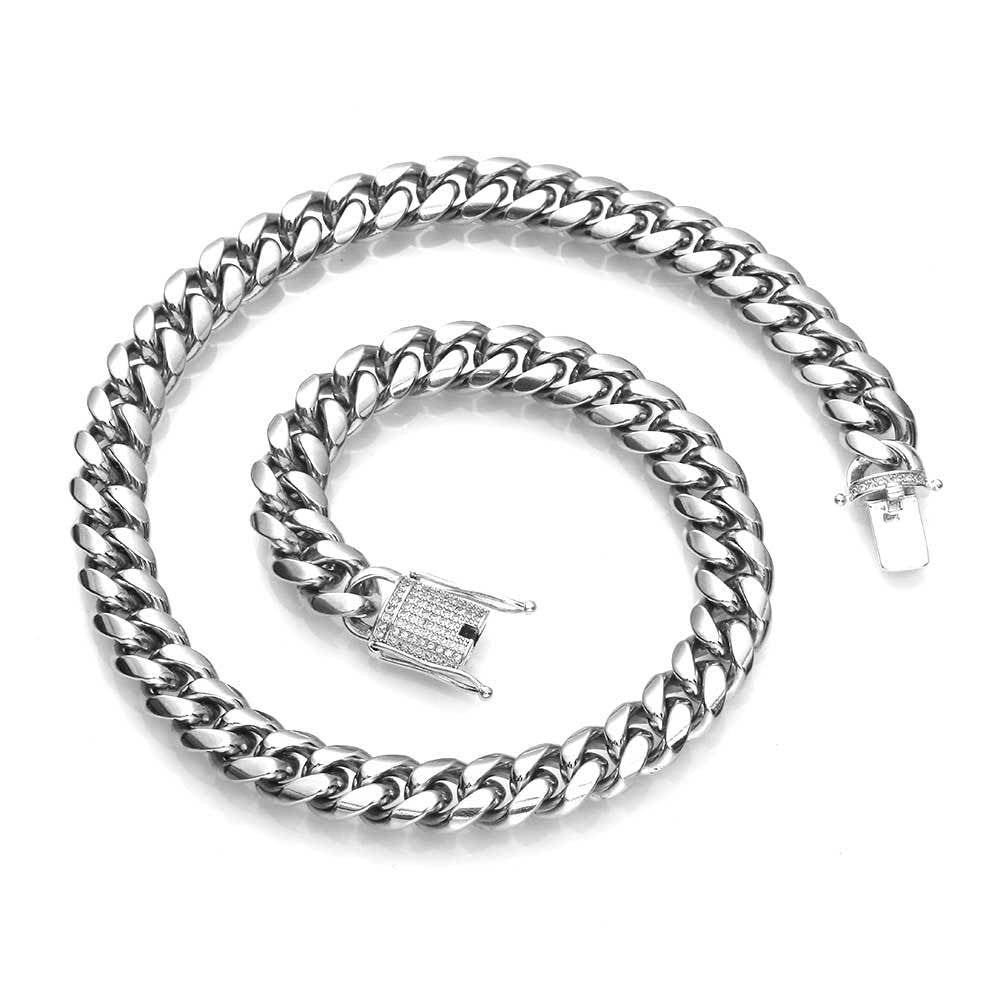 12 mm Polished Cuban with Stone-Accent Clasp Hip Hop Necklace with Stainless steel Base - CHA008 product image