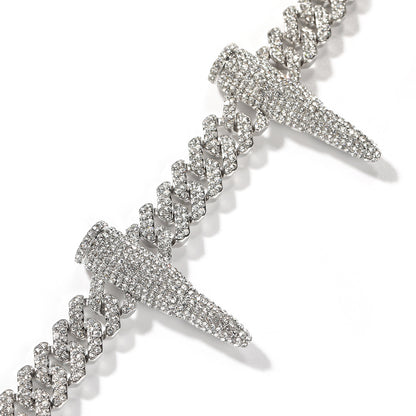 Iced Spike Cuban Link Necklace Silver Tone Statement Pendant Chain for Men & Women