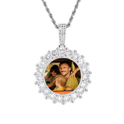 Round Photo Frame Pendant Necklace with Cubic Zirconia Accent Chain