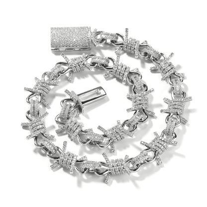 Iced Barbed Wire Chain Necklace Bracelet for Men - Silver or Gold Plated Statement Cubic Zirconia Hip Hop Jewelry