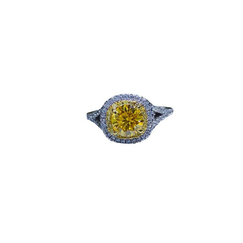 Yellow Moissanite Halo Ring for Women, Cushion Cut Engagement Ring Style, Geometric U-Shape Band product image