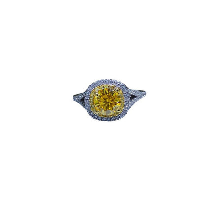 Yellow Moissanite Halo Ring for Women, Cushion Cut Engagement Ring Style, Geometric U-Shape Band