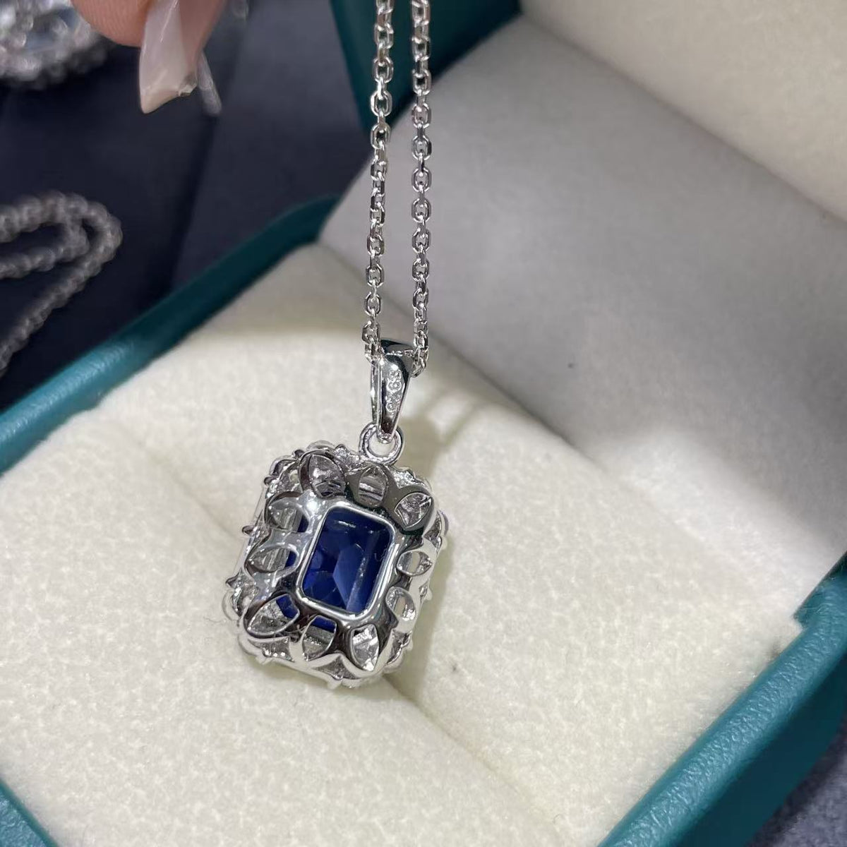 Blue Rectangular Sapphire Pendant Necklace with Halo Chain product image