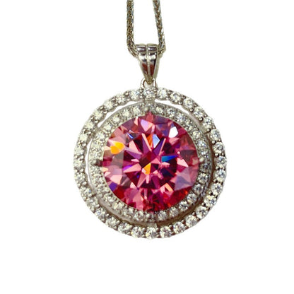 Pink Round Halo Moissanite Pendant Necklace with Double Circle Pavé Design