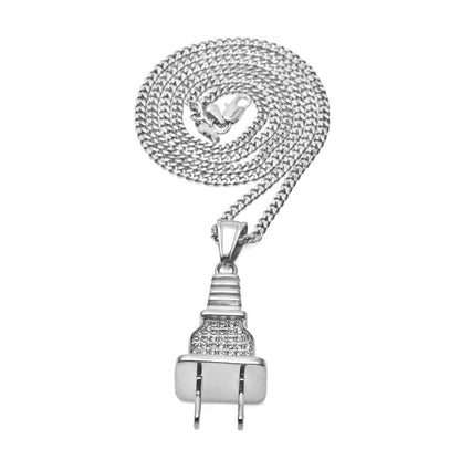 Iced Plug Pendant Necklace with 3mm Cuban Chain for Women & Men