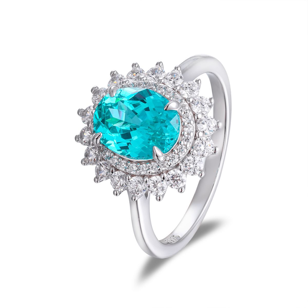 S925 Silver Teal Halo Jewelry Set for Women, Necklace Earrings Ring product image