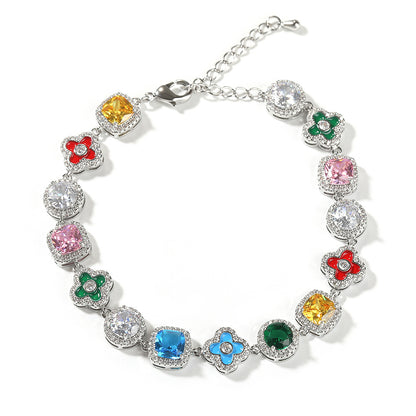 Unisex Colorful Cubic Zirconia Chain Bracelet in Silver Tone - Geometric Round Square Floral Statement Bracelet