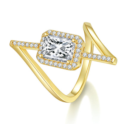 Radiant Moissanite Ring, Asymmetrical Halo Engagement Ring for Women