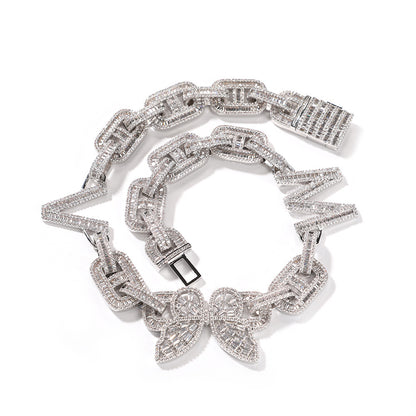 Personalized Iced Butterfly Letter Necklace Silver Plated Chain Pendant for Women and Men
