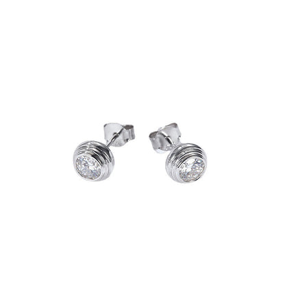 Moissanite Stud Earrings, Round Bezel 50-Point White Gold-Plated Earrings