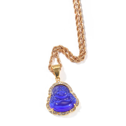 Luxury Gold Plated Stainless Steel Buddha Pendant Necklace with Crystal Accent Chain for Women