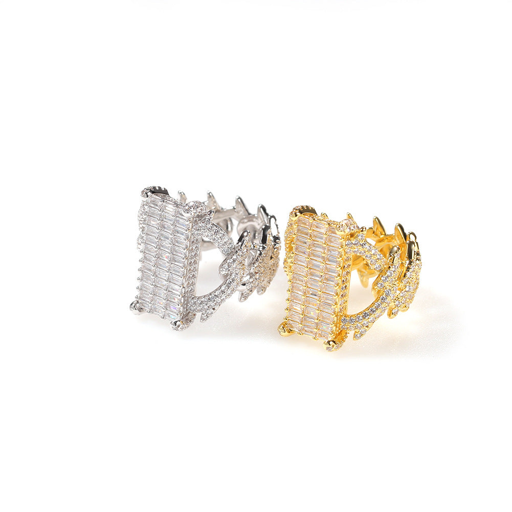 Unisex Iced Out Rectangle Ring - Micro Pave Cubic Zirconia Statement Ring in Gold or Silver Tone, Size 8