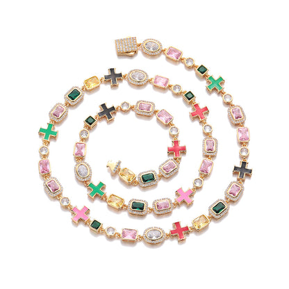 Colorful Cross Charm Link Bracelet, Geometric Gemstone Hip Hop Style