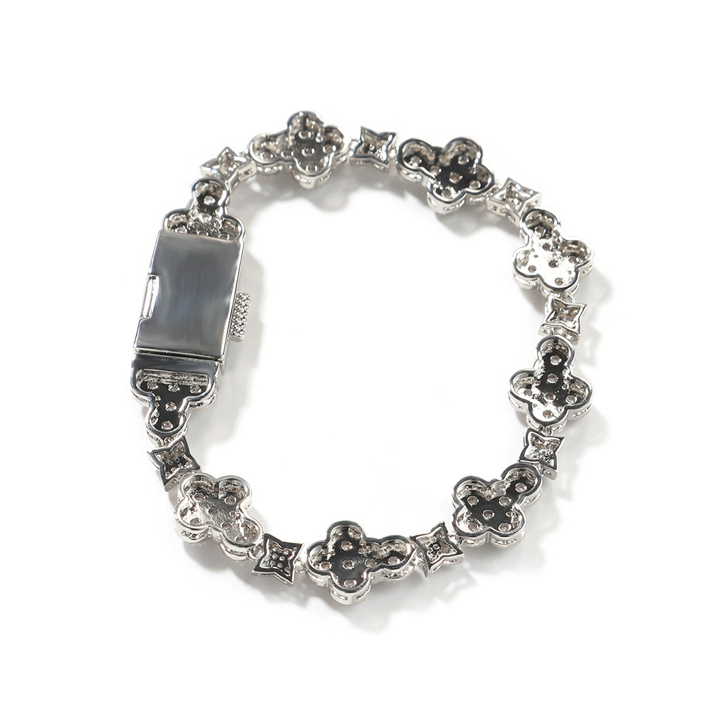 Unisex Cross Flower Cubic Zirconia Bracelet - Gold Plated or Silver Plated Hip Hop Statement Chain, 7 inch / 8 inch