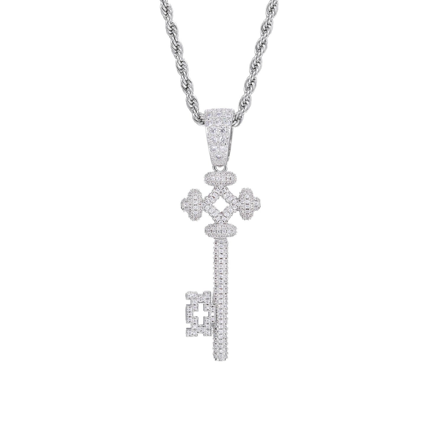 Iced Out Key Pendant Necklace for Women and Men - Geometric Cubic Zirconia Copper Chain Necklace product image