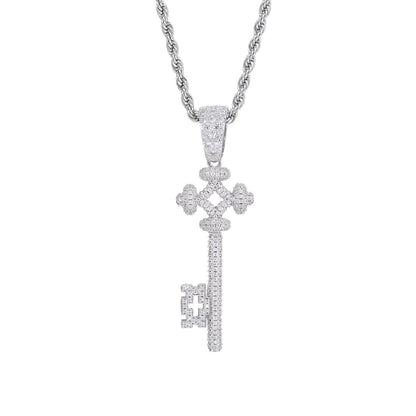 Iced Out Key Pendant Necklace for Women and Men - Geometric Cubic Zirconia Copper Chain Necklace