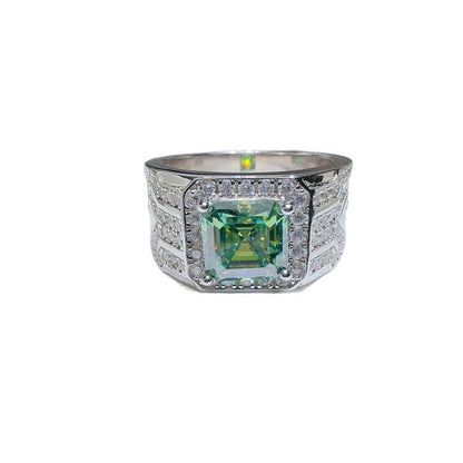 Green VVS1 Moissanite Ring with Halo Frame, Emerald-Cut Statement Wedding Ring