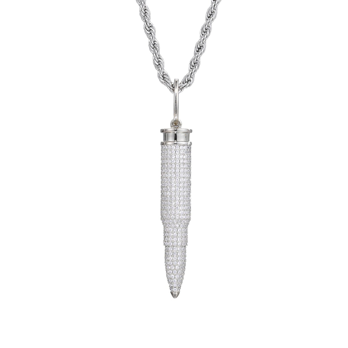 Pavé Bullet Pendant Necklace, Zircon Rope Chain Hip Hop Pendant, White/Yellow Tone product image