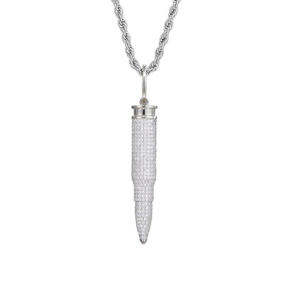 Pavé Bullet Pendant Necklace, Zircon Rope Chain Hip Hop Pendant, White/Yellow Tone