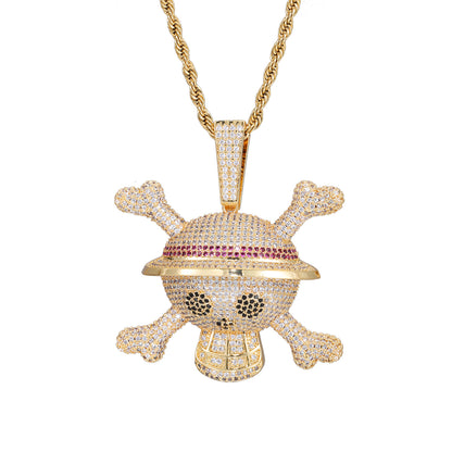 Hip Hop Skull Pendant Necklace with Zircon Rope Chain