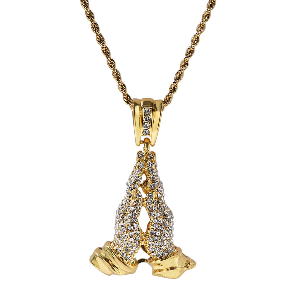 Iced Praying Hands Pendant Necklace for Women with Cubic Zirconia, Stainless Steel Twist Chain, Silver or Gold Tone Statement Jewelry