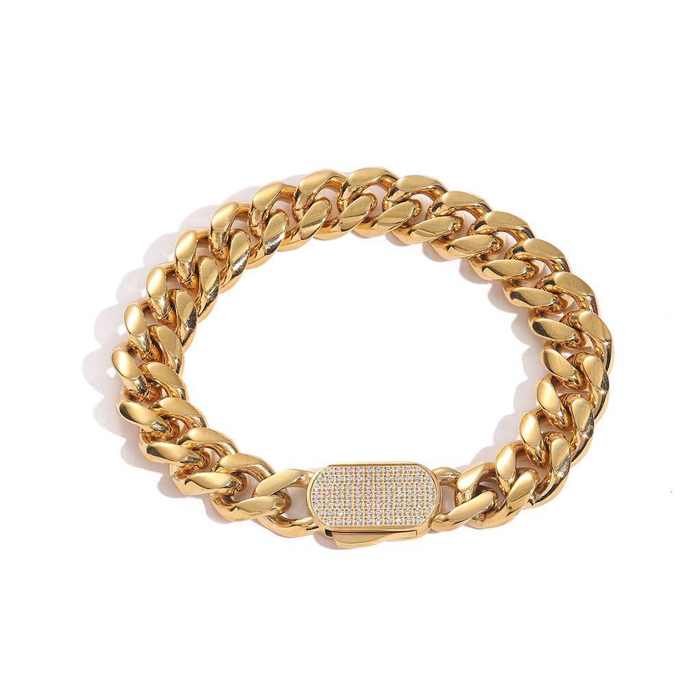 6-12 mm Polished Cuban with Stone-Accent Clasp Hip Hop Bracelet with Stainless steel Base - CHA151 product image