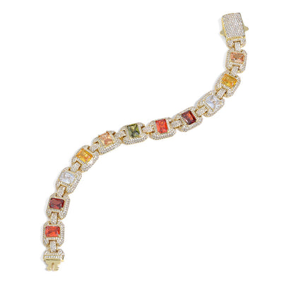 12 mm Multicolor Square Halo CZ Link Hip Hop Bracelet with Copper Base - CHA427