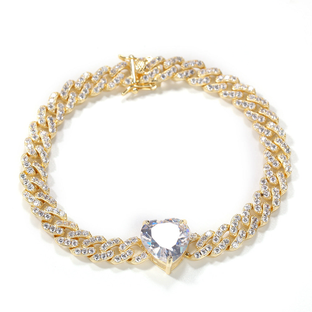 Unisex Pink Heart Cubic Zirconia Cuban Chain Necklace Anklet - Iced Out Statement Charm Jewelry