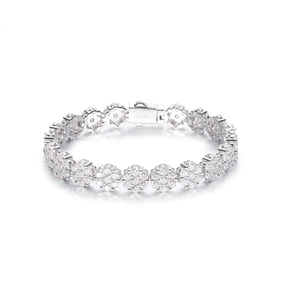 Unisex Silver Tone Moissanite Flower Cluster Tennis Bracelet, Iced Out Hip Hop Jewelry, 6 7 8 Inch product image
