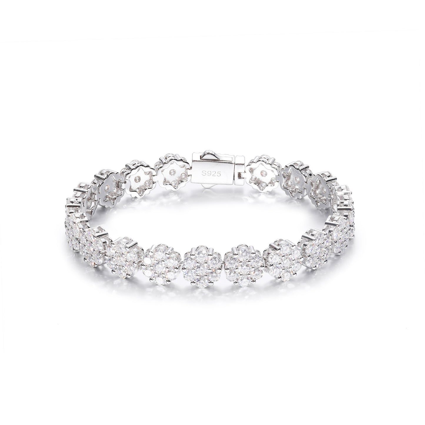 Unisex Silver Tone Moissanite Flower Cluster Tennis Bracelet, Iced Out Hip Hop Jewelry, 6 7 8 Inch product image