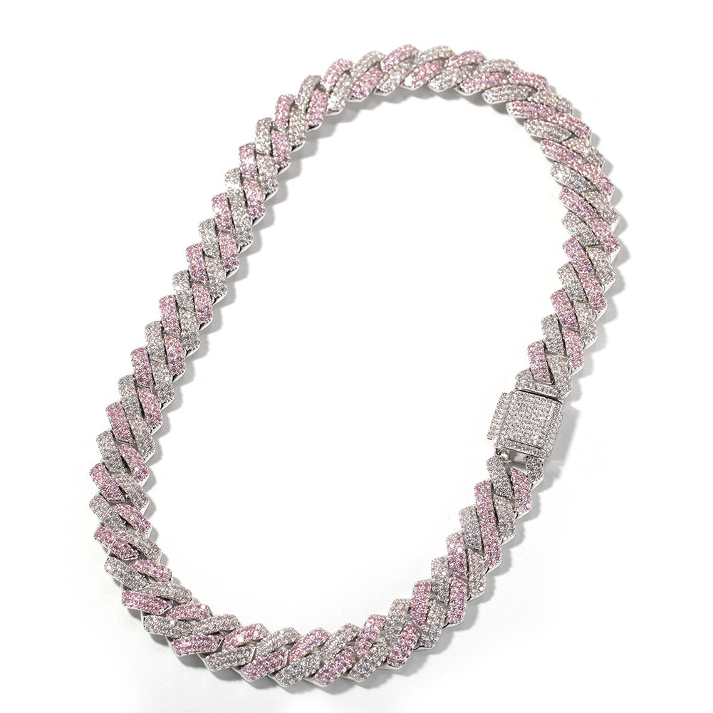 Iced Out Cuban Link Chain Necklace Bracelet with Cubic Zirconia, Unisex Statement Hip Hop Jewelry in Silver, Gold, Pink & Blue