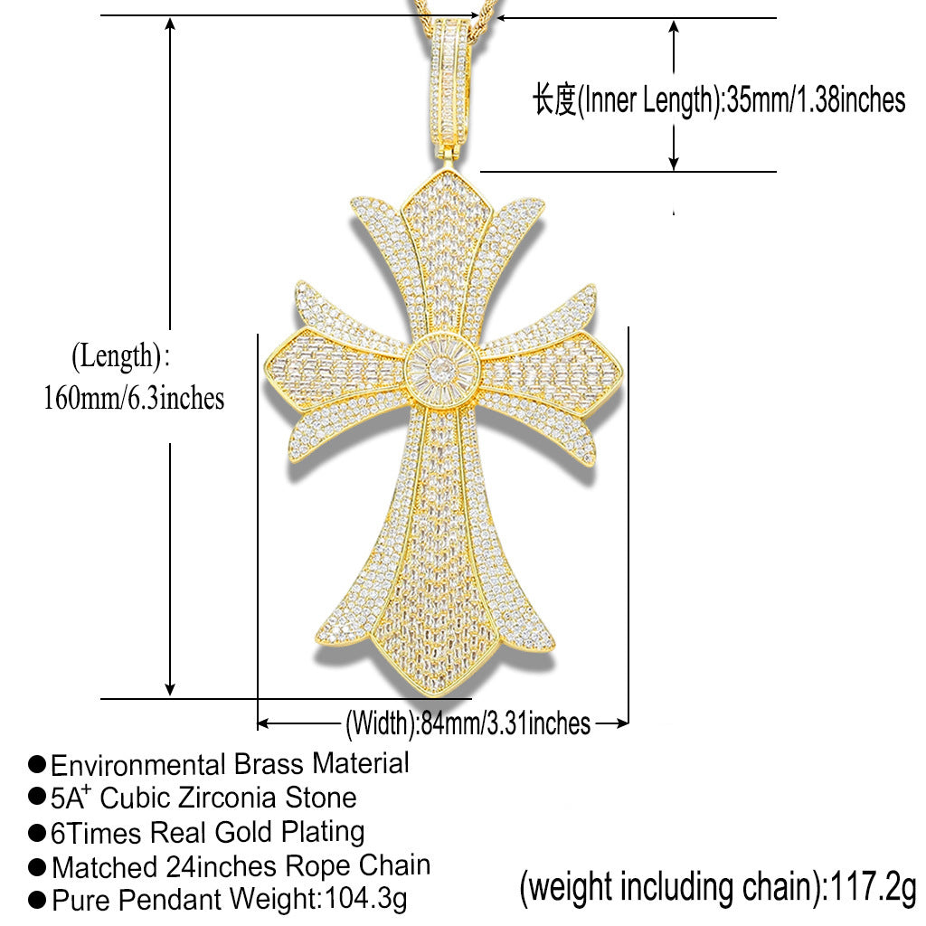 Hip Hop Vintage Cross Floral Copper Pendant Necklace for Men and Women