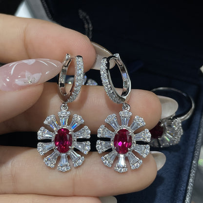 Ruby Red Crystal Flower Jewelry Set for Women, Necklace Earrings Ring