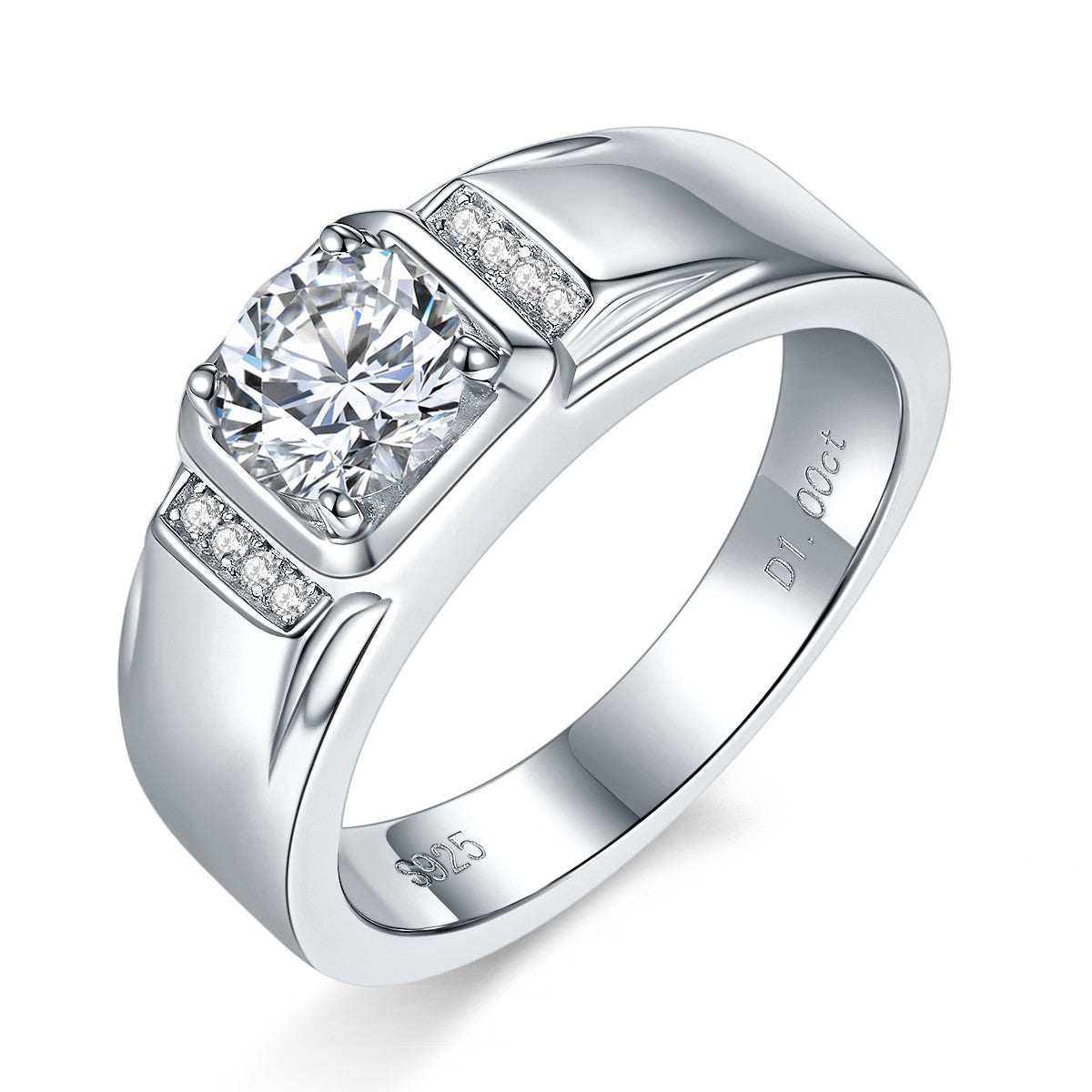 Men’s 1 Carat Moissanite Ring, 18K Gold Plated Wedding Band with Round Center Stone and Side Accents product image
