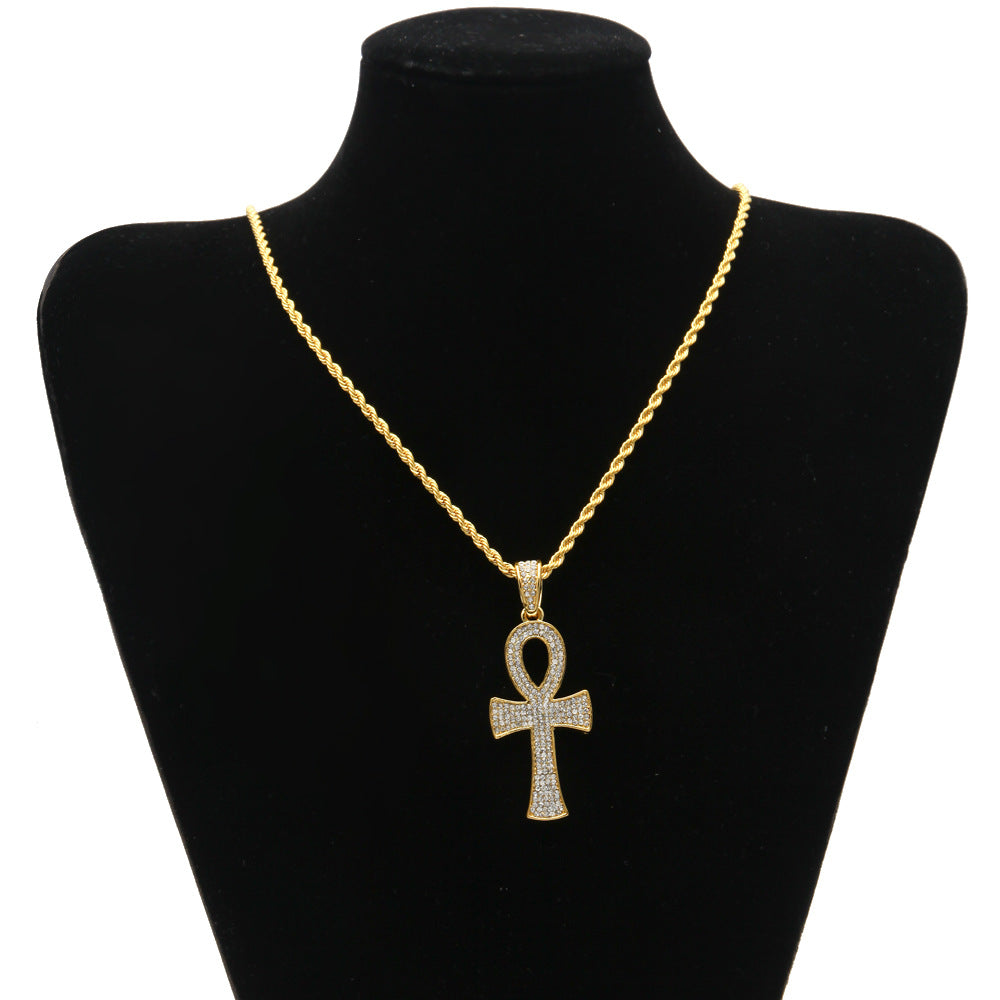 Gold Plated Ankh Pendant Necklace with Crystal Pavé Rope Chain for Women and Men