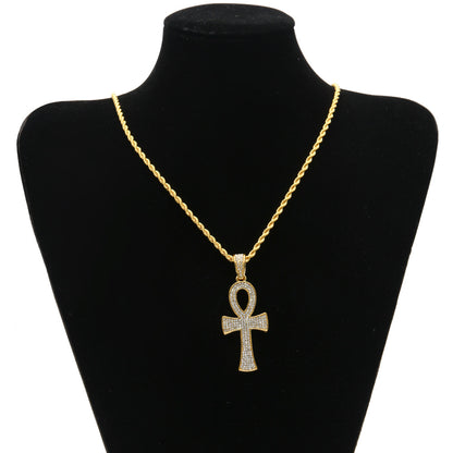 Gold Plated Ankh Pendant Necklace with Crystal Pavé Rope Chain for Women and Men