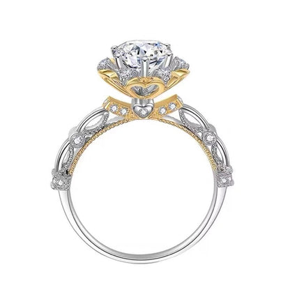 Moissanite Solitaire Ring with Pavé Band and Heart Basket Accent