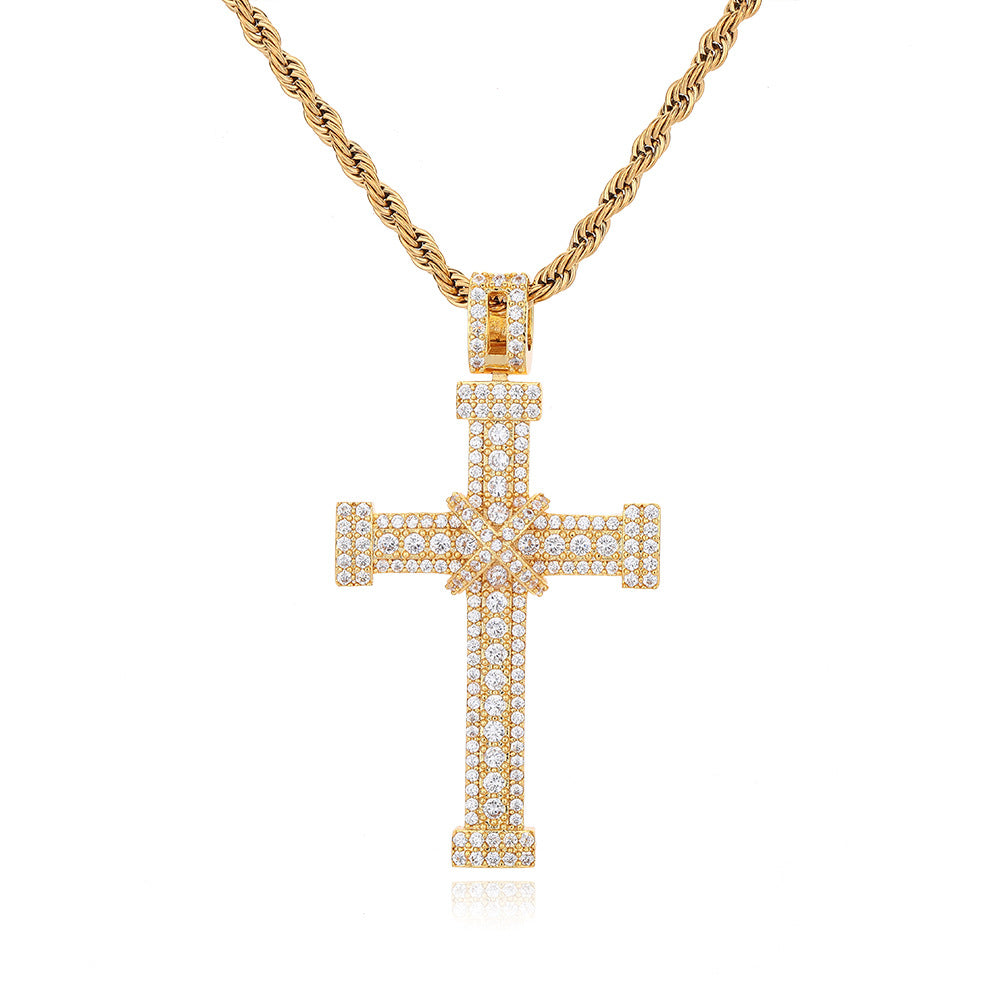 Rope Chain Cross Pendant Necklace, Iced Out Hip Hop Cross Charm, Unisex Statement Jewelry product image