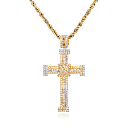 Rope Chain Cross Pendant Necklace, Iced Out Hip Hop Cross Charm, Unisex Statement Jewelry