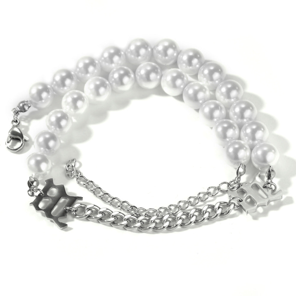 Unisex Pearl Chain Necklace with Circular Link Detail - Trendy Statement Pendant Necklace