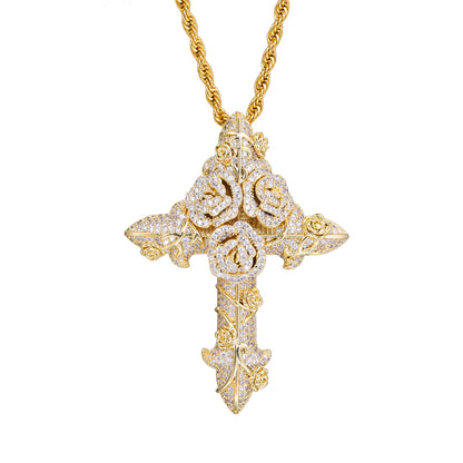 Cross Pendant Necklace with Rope Chain, Zircon Hip Hop Pendant Jewelry, Floral Geometric Statement Necklace